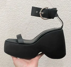 NASTY GAL Black Satin Ankle Strap Buckle Chunky Wedge Platform Sandals Size 8 thumbnail 6