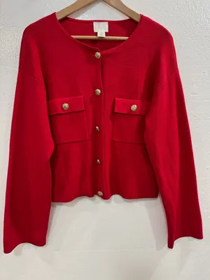H&M Red Knit Cardigan Sweater Gold Button Front Women’s Size S Classic thumbnail 2