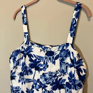 LOFT Blue White Mediterranean European Toile Linen Blend Mini Dress Palm Tree 14 thumbnail 2