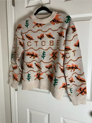 Vintage Style October Fall Sweater Beige Orange Leaves Trees Crewneck Medium / L thumbnail 2