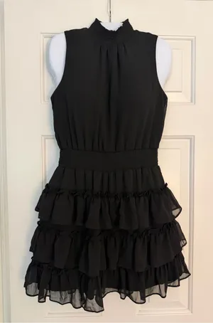 1.STATE Small Black Ruffle Tiered Mini Dress Smocked Waist Sleeveless thumbnail 1