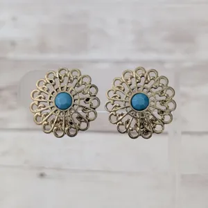 Vintage Clip On Earrings Ornate Gold Tone with Turquoise Tone Center Large thumbnail 2