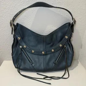 Botkier TRIGGER Mermaid Blue Moto Leather Hobo Shoulder Bag Studded Fringe thumbnail 1