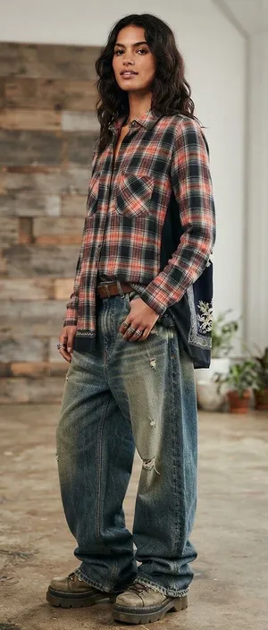 Free People Behind The Flannel Plaid & Floral Bandana Mixed Media Button Down thumbnail 1