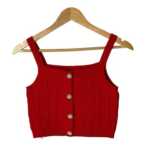 Papaya Red Cable‎ Knit Crop Tank Top Small Rhinestone Accents Camisole Y2K thumbnail 9