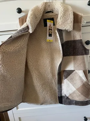 NWT Sanctuary Plush Sherpa-Collar Plaid Vest in Cream & Brown Front Zipper - S thumbnail 4