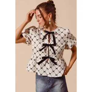 SO ME Bow Texture Woven Peplum Top With Contrast Tie - Ivory - Small thumbnail 5