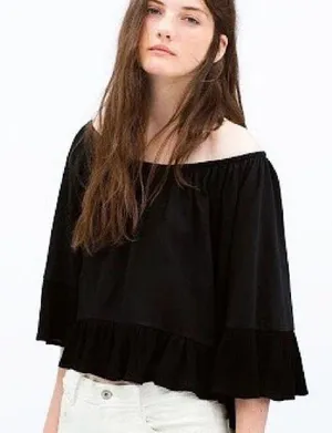 ZARA Ruffle Detail Off-The-Shoulder Top Black Relaxed Flowy Shoulderless Blouse thumbnail 3
