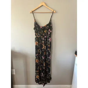 American Eagle Outfitters Black Tie Back Floral Pink Orange Jumpsuit Size L thumbnail 2