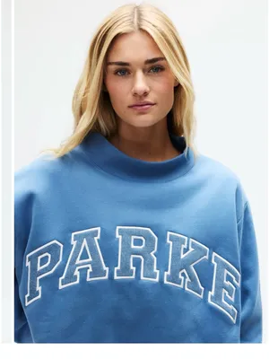 NEW Parke Vintage Denim Varsity Mockneck Sweatshirt Size L/XL thumbnail 4