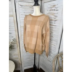 MADEWELL Women's XL Merinol Wool Windowpane Plaid Pullover Sweater Camel Tan thumbnail 6