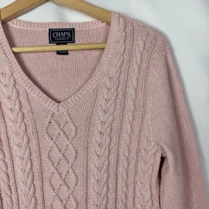 Chaps Light Pink Shimmer Metallic V-Neck‎ Cable Knit Sweater S thumbnail 3