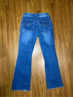 Telepatia medium wash low-rise flare jeans rough hem y2k 5/27. thumbnail 5