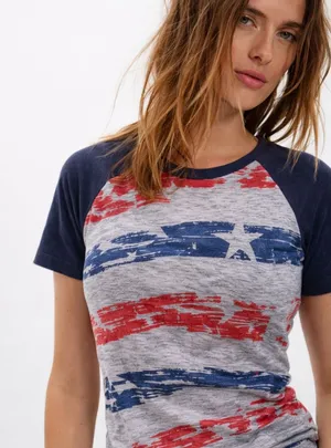 Deerose USA Raglan Tee M Red Blue Stars Stripes Patriotic Shirt thumbnail 1