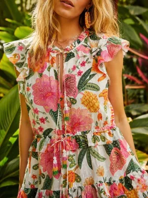 Farm‎ Rio Macaw Bloom Off-White Tropical Floral Cotton Mini Dress XS thumbnail 1
