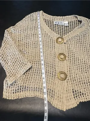 Keren Hart Beige Open Weave Crochet Cardigan L Boho Lagenlook Statement Buttons thumbnail 9