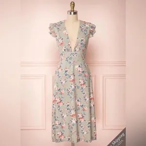 NWT Storia Linen Blend Floral Midi Dress Sage Green Pink V-Neck Size Medium thumbnail 2