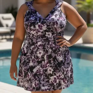 Coco Pear Purple Floral Print Crisscross Back Swim Dress‎ Size 2XL thumbnail 1