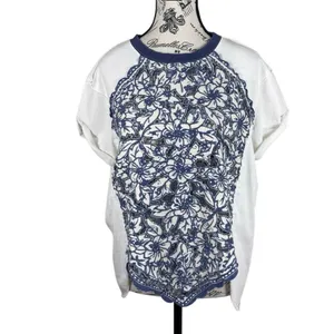 Free People Womens Top White Blue S Floral Boho Short Sleeve Relaxed Tunic thumbnail 2
