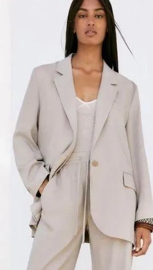 ZARA NEW Women's Size Beige One-Buttoned Long Sleeve Oversized Blazer Jacket Tan thumbnail 2
