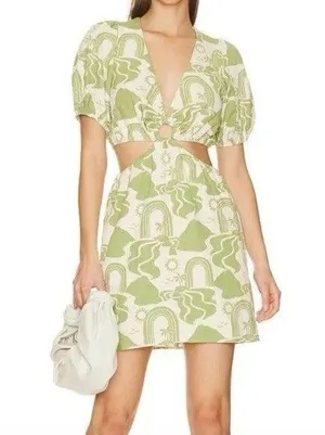 Show Me Your Mumu Green Floral Puff Short Sleeve Cut Out Mini Dress Size Medium thumbnail 1