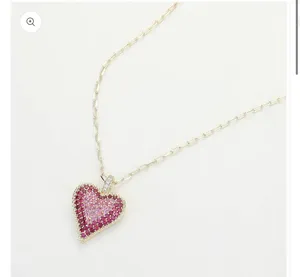 14K Gold Plated Stone Paved Heart Paperclip Chain Pendant Necklace thumbnail 3