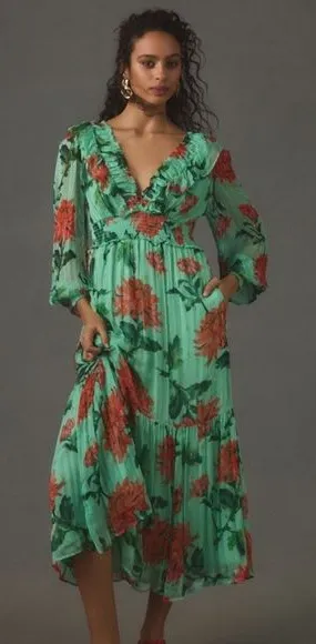 ANTHROPOLOGIE The‎ Odetta Ruffled V-neck Dress Green and Red Floral size Medium thumbnail 1