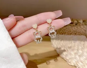 Rhinestone And Faux Pearl Decor Gold Plated Bear Drop Earrings Faux Fashion Jewe thumbnail 2