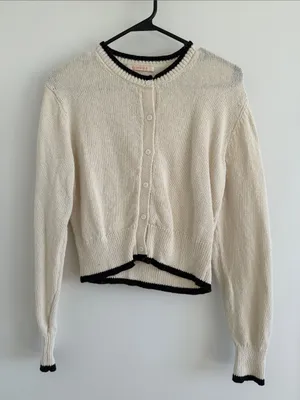 Olivaceous Cream Cropped Button-Front Cardigan with Black Trim thumbnail 1