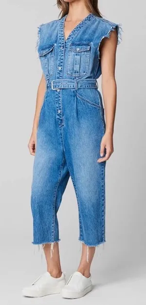 BlankNYC Cotton Blend‎ Blue Denim Belted Jumpsuit Sleeveless Small thumbnail 1