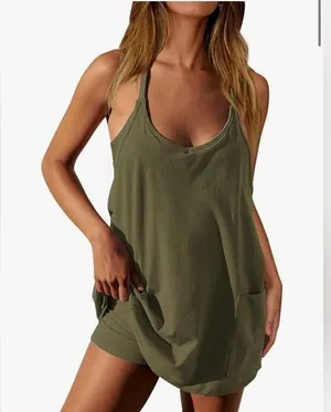Romper Dress Shorts Women Large Green Adjustable Straps Pockets Summer Lined thumbnail 1