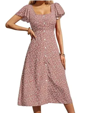 NWT ~ Rose Pink A-Line Midi Dress Button Front Short Flutter Sleeves ~ LARGE thumbnail 1