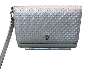 Tory Burch Marion Embossed Leather Convertible Clutch Wristlet, Taupe thumbnail 1