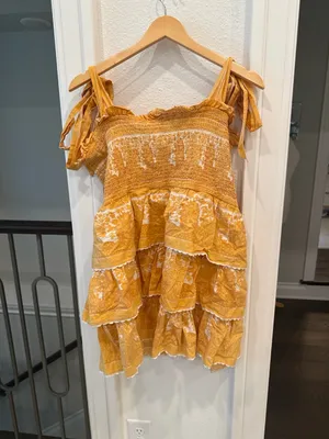 Cleobella Mustard Floral Smocked Tiered Mini Dress Size XL thumbnail 4