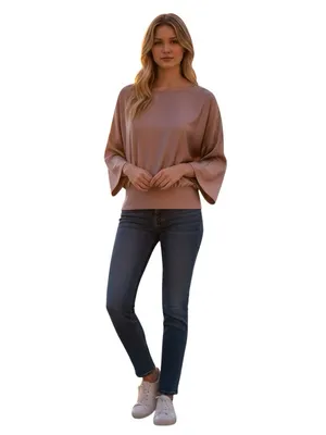 Express Satin Blouse Womens L Dusty Rose Dolman Sleeve Smocked Waist Party Top thumbnail 5