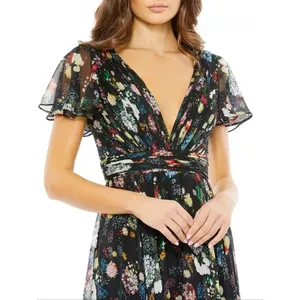 Mac Duggal Size 0 Black Floral Plunge V Neck Lace Maxi Long Formal Gown Dress thumbnail 4