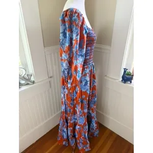 Cara Cara Jazzy Floral Smocked Maxi Dress Puff Sleeve Orange Blue Size Medium thumbnail 11