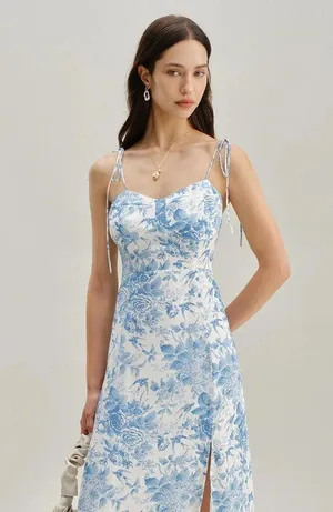 RIHOAS The Blue Sweetheart Neck Shirred Midi Dress M thumbnail 3