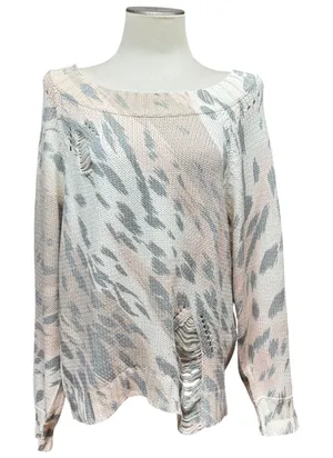 Umgee Distressed Sweater Cream Gray Tan Pink Medium thumbnail 1
