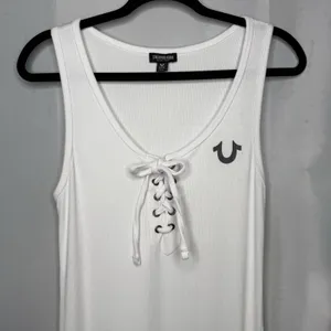 True Religion M Horseshoe Logo Stretch Lace Up Midi Dress Tank Top White $129 thumbnail 5