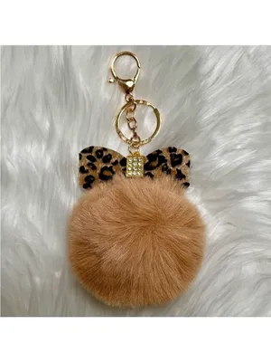 Leopard Print Bow With Rhinestones Pom Pom Bag Charm Keychain Tan Gold New thumbnail 5