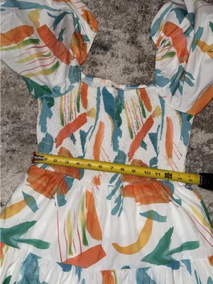 Smocked Puff-Sleeve Midi Dress in White with Orange & Teal Print thumbnail 12
