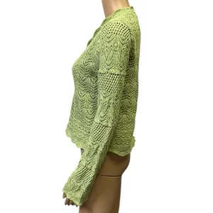Mango MNG Open Work Knit Scalloped V neck Cardigan Long Sleeve Green Womens S thumbnail 3