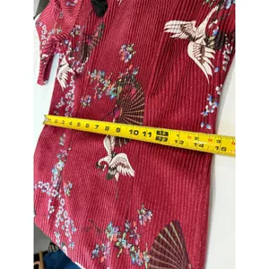 Burgundy Red‎ Crane Floral Pleated Qipao Cheongsam Dress Mandarin Collar L thumbnail 7