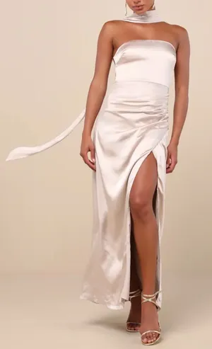 NWT‎ Lulus Size XL Off White Beige Maritza Champagne Satin Sash Tulip Maxi Dress thumbnail 1