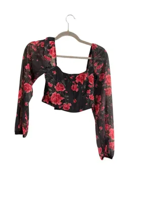 Women's Lulus Black Red Floral Mesh Long Sleeve Crop Top S thumbnail 7