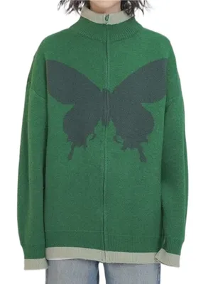 Vencede Women's Sz Medium Full Zip Sweater Green Gray Large Butterfly Print Soft thumbnail 1