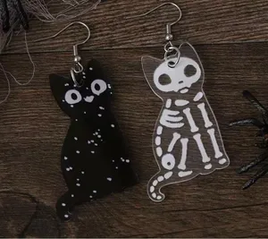 Acrylic Ear Jewelry Black Cat & White Cat Skeleton Design Asymmetric Earrings Re thumbnail 4