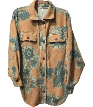 Free People Ruby Printed Jacket Shacket Oversized Blue Floral Distressed XS RARE thumbnail 1