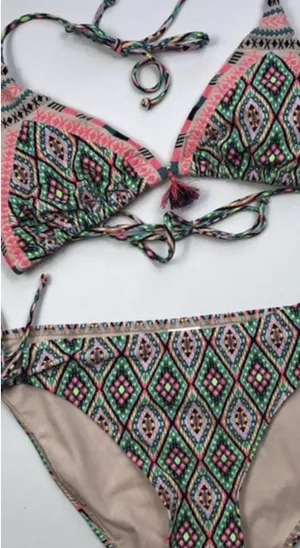 Xhilaration Neon Pink, Teal & Black Aztec Print Bikini Set thumbnail 4